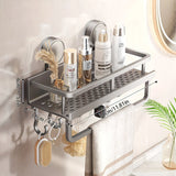 Nail-Free Suction Cup Bathroom Shelf, Twist-On Instant Installation, Dual Adsorption Gets Stronger Over Time, Space Aluminum with Drainage and Rust Proof, No-Trace Removal for Flexible Relocation./Gun ash -50cm with rod and hook