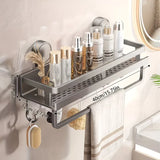 Nail-Free Suction Cup Bathroom Shelf, Twist-On Instant Installation, Dual Adsorption Gets Stronger Over Time, Space Aluminum with Drainage and Rust Proof, No-Trace Removal for Flexible Relocation./Gun ash -50cm with rod and hook