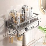Nail-Free Suction Cup Bathroom Shelf, Twist-On Instant Installation, Dual Adsorption Gets Stronger Over Time, Space Aluminum with Drainage and Rust Proof, No-Trace Removal for Flexible Relocation./Gun ash -30cm with rod and hook