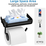 Toilet Paper Holder, Wall-Mounted Toilet Roll Holder with Aluminum Storage Shelf for Bathroom and Kitchen, Black