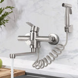 Wall Mounted Kitchen Faucet, Wall Mounted Kitchen Mixer Tap with Spray Gun, 360 Degree Swivel Mixer Tap, Rotatable Tube, Stainless Steel, 23 cm
