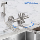 Wall Mounted Kitchen Faucet, Wall Mounted Kitchen Mixer Tap with Spray Gun, 360 Degree Swivel Mixer Tap, Rotatable Tube, Stainless Steel, 23 cm