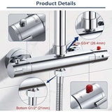 Thermostatic Shower Mixer 2 Outlets High and Low Anti-Scald Mixer Tap in Chrome Brass for Bathroom Bathtub