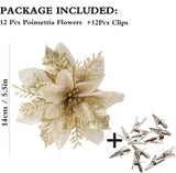 12pcs Christmas Glitter Poinsettia Flowers, Gold Artificial Xmas Flowers for Christmas Tree Ornaments Home Decoration