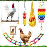 7PCS Chicken Coop Accessories Toys, Chicken Xylophone, Mirror Toy, Ladder Bridge, Coop Swing, Vegetable Hanging Feeder, Chewing Foraging Toys for Hens