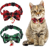 2 Pcs Christmas Cat Collar with Bow Tie and Bell, Adjustable Breakaway Kitten Collar for Cats Kittens, 8 to 12 Inches