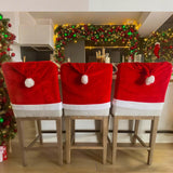 4Pcs Christmas Chair Covers with Hat, Stretch Parsons Chair Back Covers, Removable Washable Slipcovers for Home Hotel Holiday Decoration