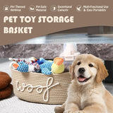Dog Toy Storage Basket, Beige Cotton Rope Pet Toy Bin with Woof Print and Handles