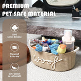 Dog Toy Storage Basket, Beige Cotton Rope Pet Toy Bin with Woof Print and Handles