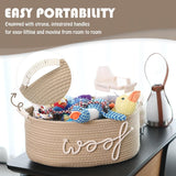 Dog Toy Storage Basket, Beige Cotton Rope Pet Toy Bin with Woof Print and Handles