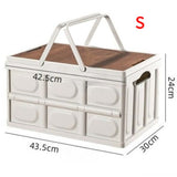 Size S - Multifunctional Folding Camping Storage Box, Car Trunk Organizer, Picnic Storage Bin with Wooden Lid - Approx. 30L