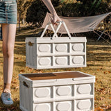 Size S - Multifunctional Folding Camping Storage Box, Car Trunk Organizer, Picnic Storage Bin with Wooden Lid - Approx. 30L