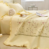 Cotton Quilt Pure Color Home Fashion Elegant Tencel Embroidery Pattern Cotton Summer Cooling Quilt Yellow 1 X Sheet 245x250cm