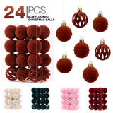 24-Piece Flocked Christmas Ball Ornament Set in Four Textured Styles, 4cm Hanging Decors for Holiday Tree, Festive Scene Display and Tabletop Atmosphere Enhancement (Burgundy)