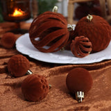 24-Piece Flocked Christmas Ball Ornament Set in Four Textured Styles, 4cm Hanging Decors for Holiday Tree, Festive Scene Display and Tabletop Atmosphere Enhancement (Caramel Brown)