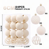 6cm Flocked Christmas Balls Set of 24 with Metal Hangers, Four Textured Styles in Wine Red, Cream White, Pink, Dark Green and Caramel Brown for Tree and Tabletop Holiday Displays (Beige)