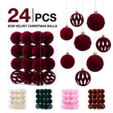 6cm Flocked Christmas Balls Set of 24 with Metal Hangers, Four Textured Styles in Wine Red, Cream White, Pink, Dark Green and Caramel Brown for Tree and Tabletop Holiday Displays (Burgundy)