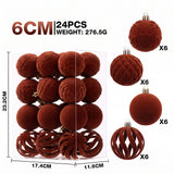 6cm Flocked Christmas Balls Set of 24 with Metal Hangers, Four Textured Styles in Wine Red, Cream White, Pink, Dark Green and Caramel Brown for Tree and Tabletop Holiday Displays (Burgundy)