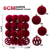6cm Flocked Christmas Balls Set of 24 with Metal Hangers, Four Textured Styles in Wine Red, Cream White, Pink, Dark Green and Caramel Brown for Tree and Tabletop Holiday Displays (DarkGreen)