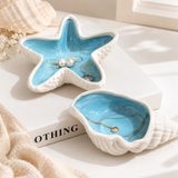 Conch+Starfish Shape Ceramic Jewelry Tray, Aqua Shell Trinket Dish Ceramic Ring Earring Holder Ocean-themed Decorative Trinket Plate for Rings Earrings Necklaces 2Pcs