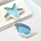 Conch+Starfish Shape Ceramic Jewelry Tray, Aqua Shell Trinket Dish Ceramic Ring Earring Holder Ocean-themed Decorative Trinket Plate for Rings Earrings Necklaces 2Pcs