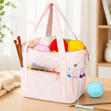 Crochet Bag Organizer for Yarn Storage, Velvet Knitting Tote Bag with Double Handle for Crochet Accessories, Portable Travel Case for Yarn Balls, Crochet Hooks& Knitting Needles Holder (Pink)