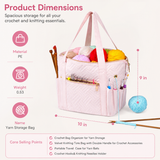 Crochet Bag Organizer for Yarn Storage, Velvet Knitting Tote Bag with Double Handle for Crochet Accessories, Portable Travel Case for Yarn Balls, Crochet Hooks& Knitting Needles Holder (Pink)