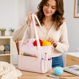 Crochet Bag Organizer for Yarn Storage, Velvet Knitting Tote Bag with Double Handle for Crochet Accessories, Portable Travel Case for Yarn Balls, Crochet Hooks& Knitting Needles Holder (Pink)