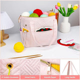 Crochet Bag Organizer for Yarn Storage, Velvet Knitting Tote Bag with Double Handle for Crochet Accessories, Portable Travel Case for Yarn Balls, Crochet Hooks& Knitting Needles Holder (Pink)