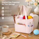 Crochet Bag Organizer for Yarn Storage, Velvet Knitting Tote Bag with Double Handle for Crochet Accessories, Portable Travel Case for Yarn Balls, Crochet Hooks& Knitting Needles Holder (Pink)