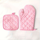 2pcs Pink Checkered Oven Mitt and Pot Holder Set, Left Right Hand Universal Heat-Resistant Gloves and Mat, Pink