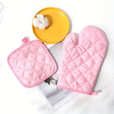 2pcs Pink Checkered Oven Mitt and Pot Holder Set, Left Right Hand Universal Heat-Resistant Gloves and Mat, Pink