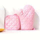 2pcs Pink Checkered Oven Mitt and Pot Holder Set, Left Right Hand Universal Heat-Resistant Gloves and Mat, Pink