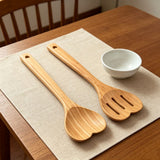 2pcs Bamboo Cooking Spoon Set, Heart-Shaped Spoons Hollow Design for Draining, 11.8-Inch Wooden Kitchen Utensils