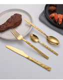 4 PCS Flatware Set for 8 Gold Silverware Set Hammered Handle Dishwasher Safe Mirror Effect include Dinner Forks Spoons