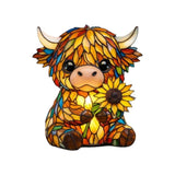 Sunflower Highland Cow Lamp, Stained Glass Style Resin Table Lamp, Warm Night Light for Bedroom, Living Room Decor, Unique Gift for Cow Lovers (Yellow)