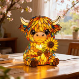 Sunflower Highland Cow Lamp, Stained Glass Style Resin Table Lamp, Warm Night Light for Bedroom, Living Room Decor, Unique Gift for Cow Lovers (Yellow)