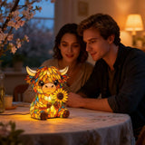 Sunflower Highland Cow Lamp, Stained Glass Style Resin Table Lamp, Warm Night Light for Bedroom, Living Room Decor, Unique Gift for Cow Lovers (Yellow)