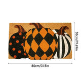 Fall Pumpkin Front Door Mat, Imitation Coir Texture Non‑Slip Entryway Rug, Plaid Stripe Dot Pumpkin Design, Polyester for Indoor Outdoor Porch Thanksgiving Halloween Farmhouse Decor
