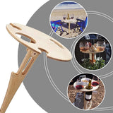 Outdoor Wine Table with Folding Round Desktop,Wooden Portable Picnic Table Modern Wine Glass Rack Wine Bottle Holder Mini