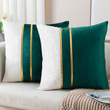 Set of 2 Velvet Decorative Throw Pillow Covers Dark Green White Patchwork with Gold Leather Pillow Covers 18 × 18 Inch Cushion