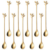 10pc Stainless Steel Gold Leaf Coffee Spoon-Creative Tableware Dessert Spoons, Stirring, Mixing, Sugar, Teaspoon Set