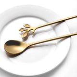 10pc Stainless Steel Gold Leaf Coffee Spoon-Creative Tableware Dessert Spoons, Stirring, Mixing, Sugar, Teaspoon Set