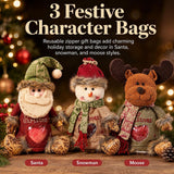 Christmas Gift Bags Zipper Design, Soft Cloth Pouch with Bottom Access and Festive Character Shape for Candy Fruit Small Gifts and Holiday Decor