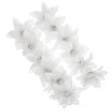 Set of 12 White Artificial Poinsettia Flowers with Glitter Powder, Christmas Holiday Decor, Faux Floral Arrangement