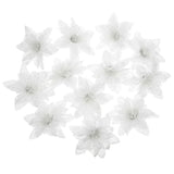 Set of 12 White Artificial Poinsettia Flowers with Glitter Powder, Christmas Holiday Decor, Faux Floral Arrangement