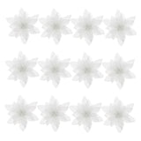 Set of 12 White Artificial Poinsettia Flowers with Glitter Powder, Christmas Holiday Decor, Faux Floral Arrangement