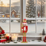Christmas Soldier Decor: 38cm Tall Wooden Nutcracker Puppet Figure - Classic Red New Year Figurine for Windowsill Festive Table Centerpieces