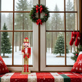 Christmas Soldier Decor: 38cm Tall Wooden Nutcracker Puppet Figure - Classic Red New Year Figurine for Windowsill Festive Table Centerpieces