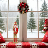 Christmas Soldier Decor: 38cm Tall Wooden Nutcracker Puppet Figure - Classic Red New Year Figurine for Windowsill Festive Table Centerpieces